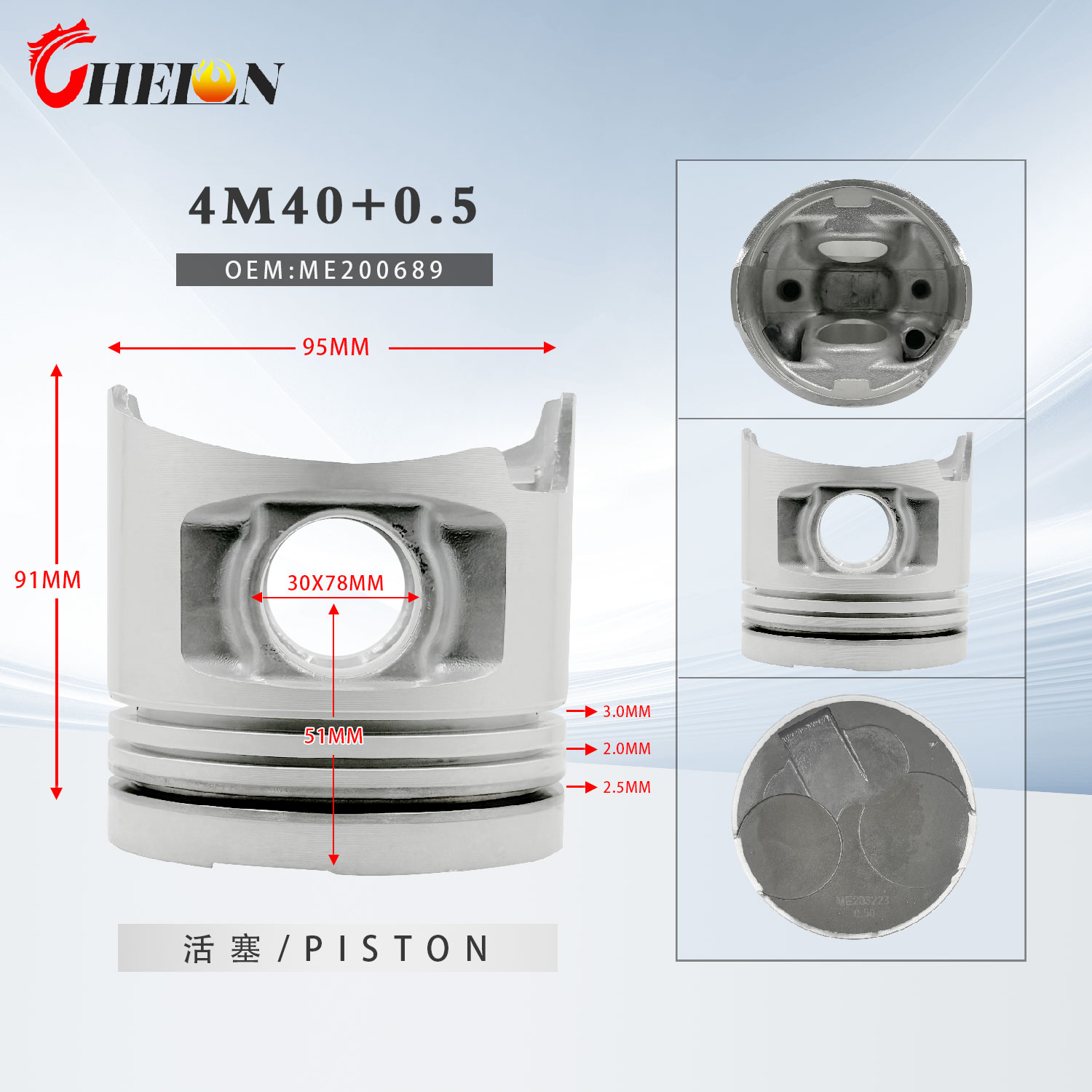 Piston Top And Rings ME200689 + 0.5  99.5MM  for MITSUBISHI 4M40 NEW PAJERO 2.8